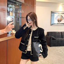 实拍 秋冬Jennie同款四口袋条绒雪尼尔小香风黑色长袖外套上衣女