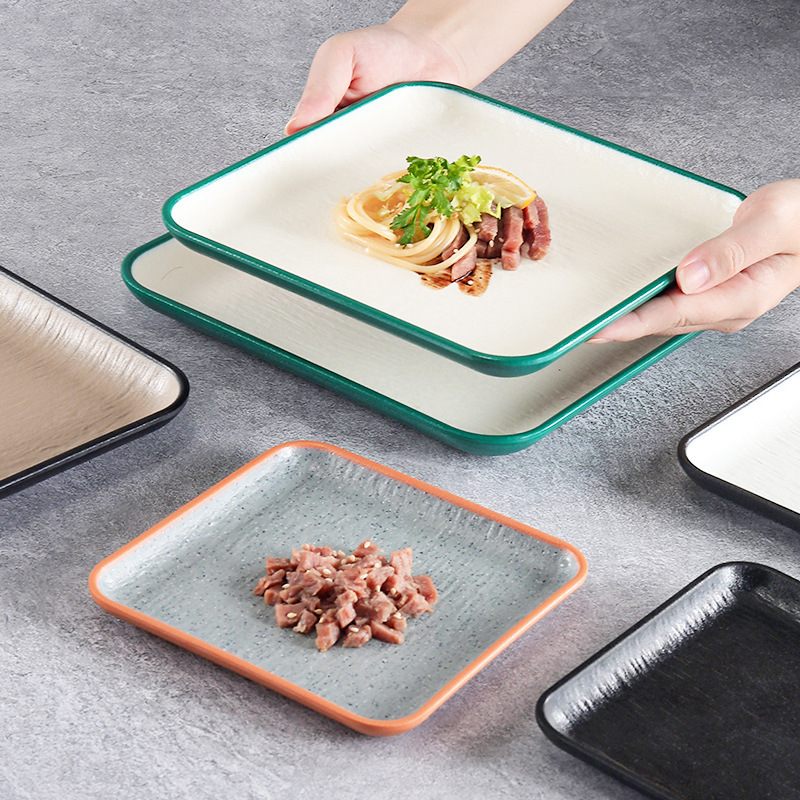 Japanese-Style Square Melamine Plate for Home Use, High-End Melamine Tableware, Two-Tone Thickened Bark Pattern Serving Plate