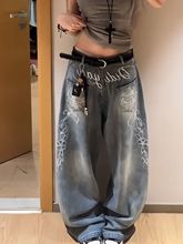 美式复古做旧牛仔裤女2025夏街头个性花朵刺绣阔腿长裤子风