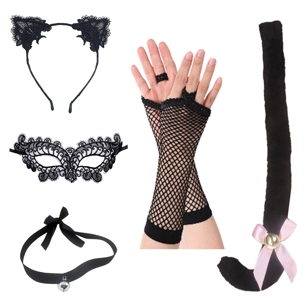 Disfraz de princesa gato para Halloween, diadema con orejas de gato, máscara de ojos de encaje negro, máscara facial.