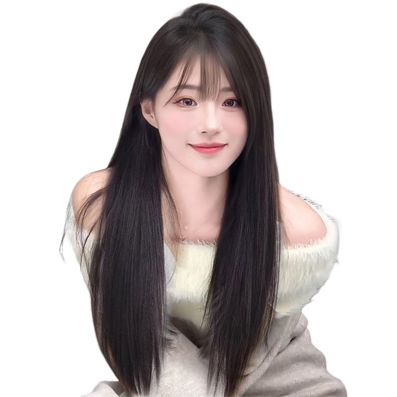 Peluca mujer con casco completo negro largo y recto peluca en la parte superior de la cabeza
