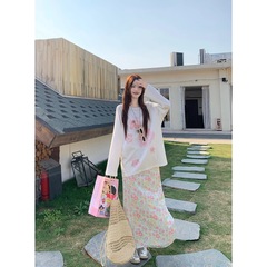 オリジナル生地日本製新鮮で甘い桜プリントラウンドネック長袖Tシャツ女性用レイジーミドル丈トップドロップシッピング