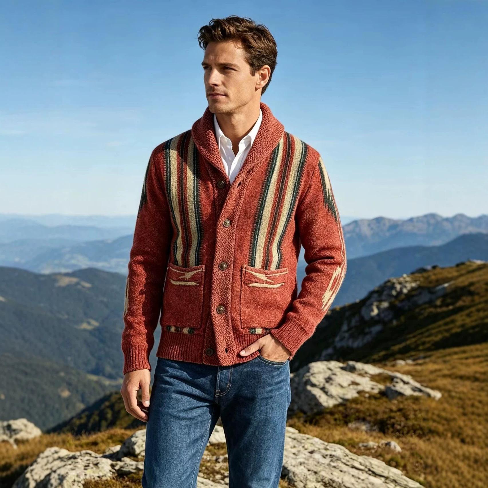 2026 American retro green collar striped cardigan for men, cross-border Amazon autumn and winter jacquard knitted jacket sweater