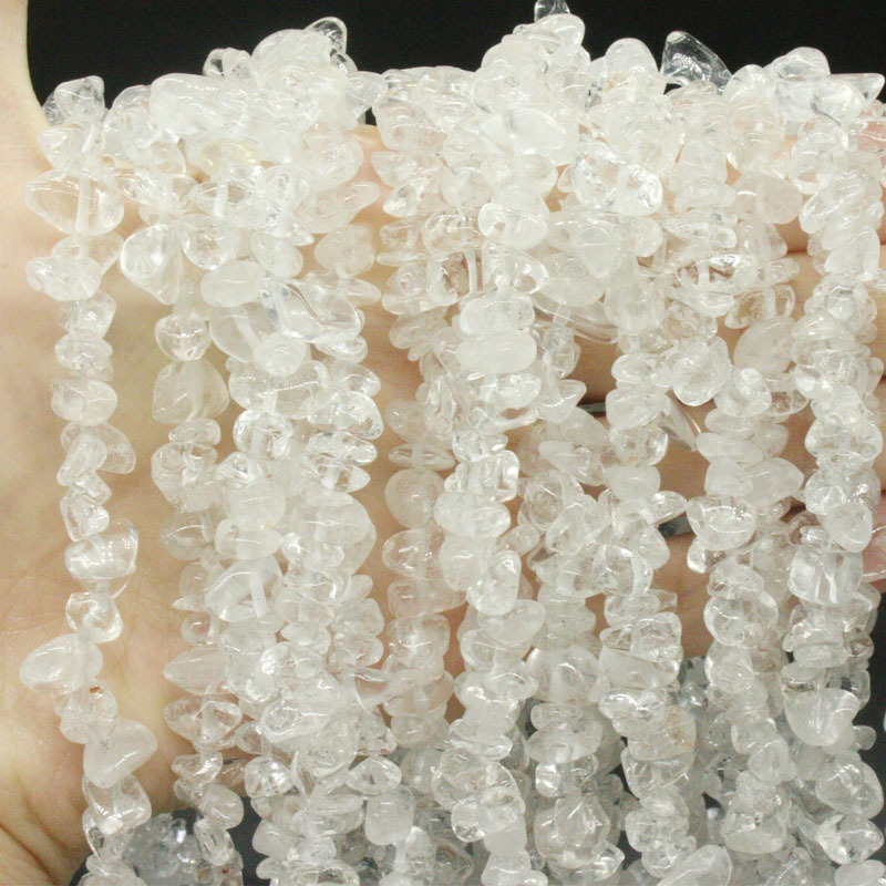 天然白水晶碎石5-8mm不规则有孔半成品水晶宝石散珠每条约200颗