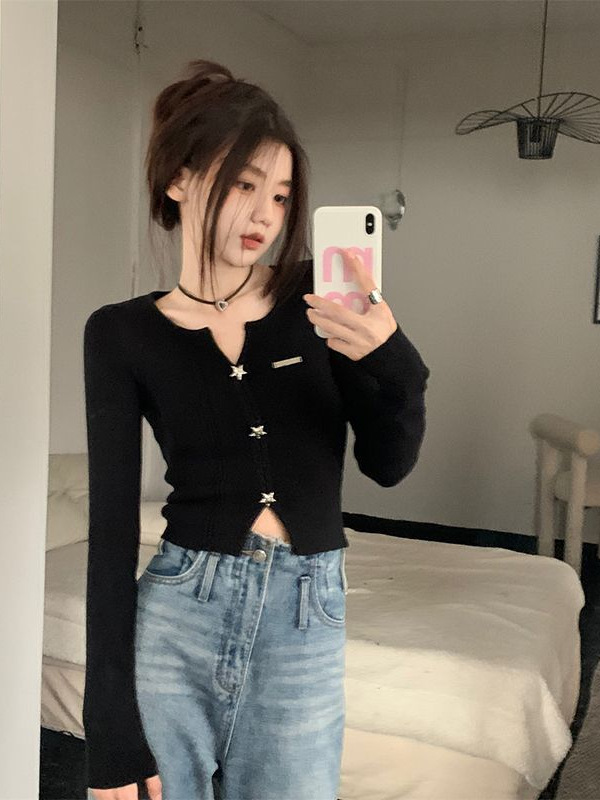 纯欲v领黑色打底衫女针织开衫2025春秋装新款辣妹上衣设计感小众|undefined