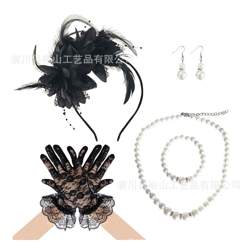 Popular European and American Amazon feather headband, headwear, gloves, accessory set, party and ball hat, horse racing club hair accessory