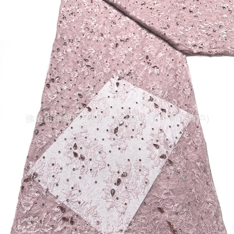 Champaña oro pesado clavos tela de encaje goteo taladro de mano encaje cosido tela de vestido de boda alta