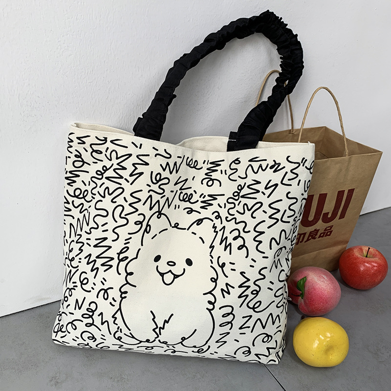 Lindo bolso de lona para perro gato, hombro femenino, arte de verano, dibujos animados frescos, bolso de comercio exterior de gran capacidad para estudiantes