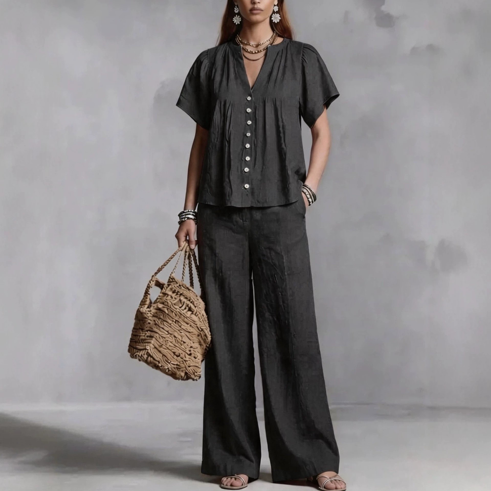 Women's Clothing Women's Imitation Cotton Linen V Neck Casual Suit Beach Vacation Style For Formal & Casual For Women_ecoleips.com
