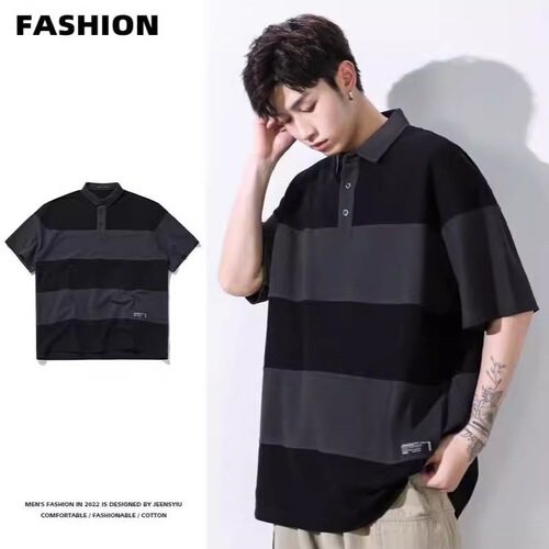 Blue-Striped Polo Shirt Japanese-Style Youth Collared T-Shirt Men's Short Sleeve Couple's Outfit Summer Wear Hong Kong Style Polo Cross-Border
