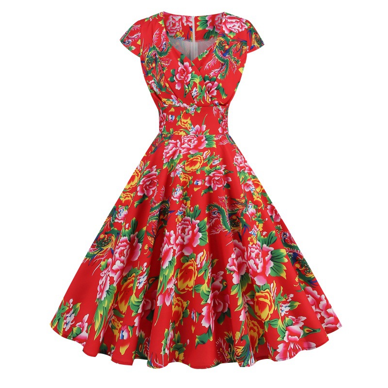 Retro Floral Print V-Neck Slimming Dress For Women – Mid-Length Short Sleeve Elegant Summer Dress_voghion.com
