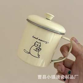 搪瓷马克杯简约小猫印花水杯家用桌面饮品杯子办公室咖啡杯泡茶杯