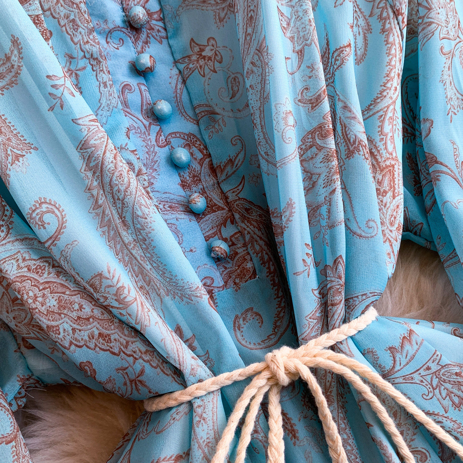 Elegant French Style Long Sleeve Dress Ruffled Collar Rope Waist Cinching Chiffon Printed Maxi Summer Retro Dress_ecoleips.com
