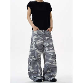 美式跨境复古军迷迷彩弯刀牛仔裤男女宽松休闲镰刀阔腿裤工装裤子