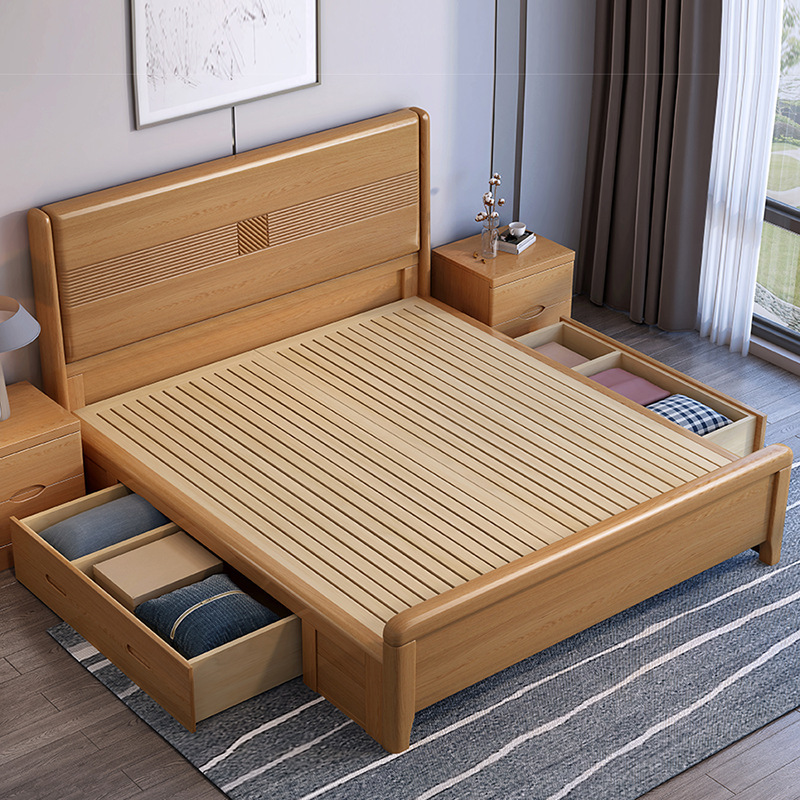 Beech wood solid double bed 1.8m simple modern 1.5m single bed gas storage master bedroom wedding bed direct sale