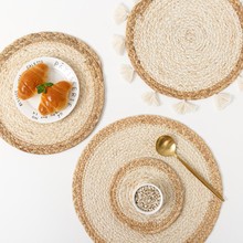 日式草编手工编织餐垫隔热垫圆形流苏餐垫玉米皮水葫芦草碗盘垫子