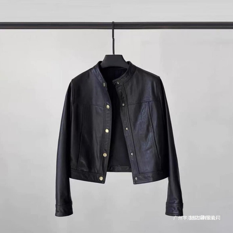 Haining Leather Short Jacket 2025 Autumn New Style Loose Casual Fashion Round Neck Leather Jacket Biker Coat for Petite Sizes
