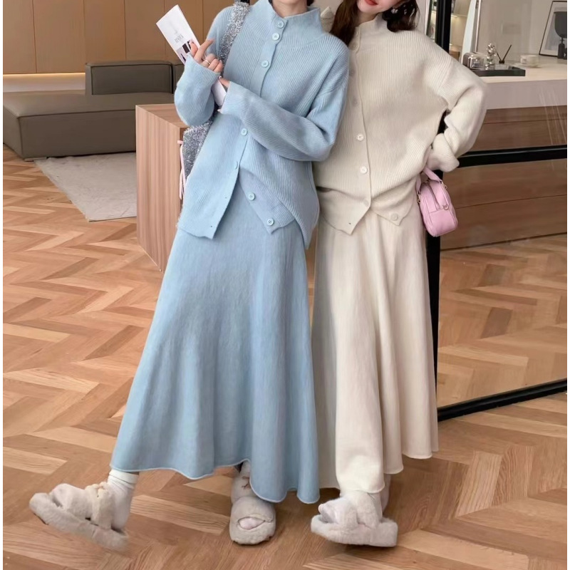 韩版温柔风针织套装2024新款女装秋冬毛衣开衫半身裙连衣裙两件套