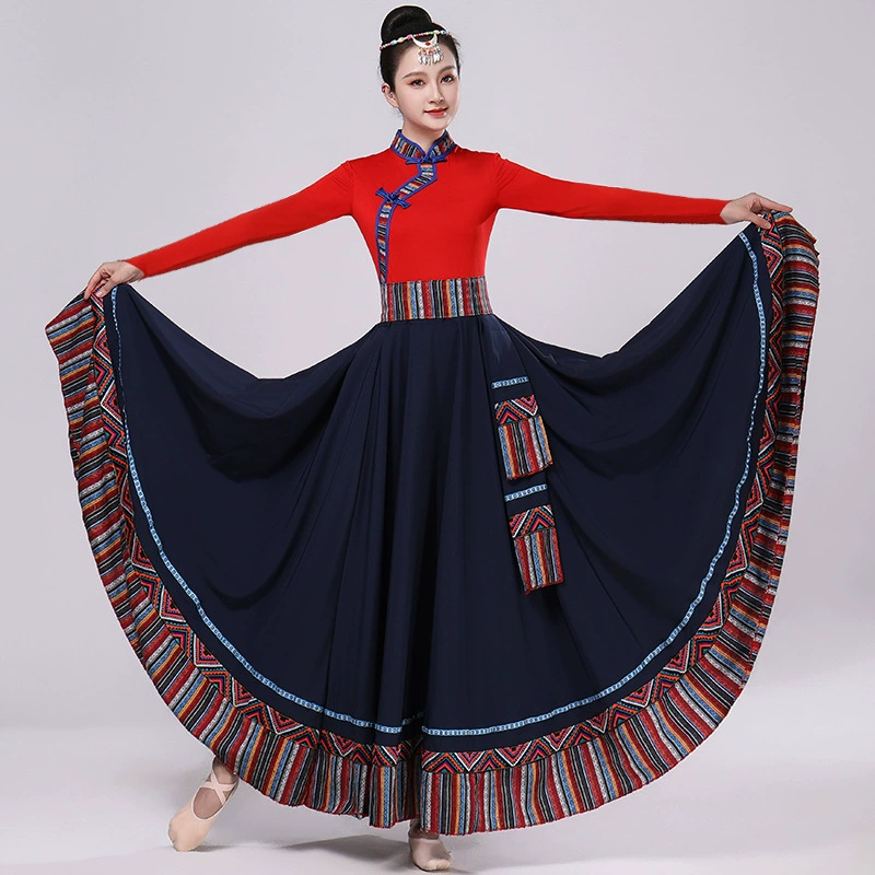 Тибетская танцевальная одежда, женский новый костюм в этническом стиле, тибетская большая распашная длинная юбка средней длины для тренировок, квадратная сцена