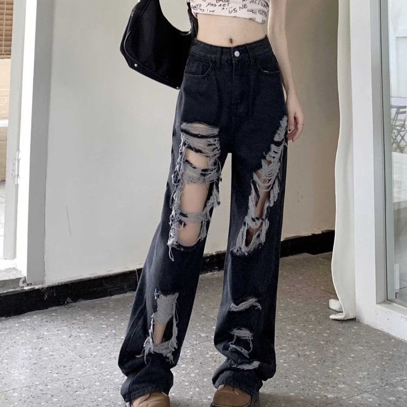 American High Street Ripped Jeans for Women in Summer High-Waisted Straight-Leg Loose Slimming Tassel Design Wide-Leg Floor-Length Pants