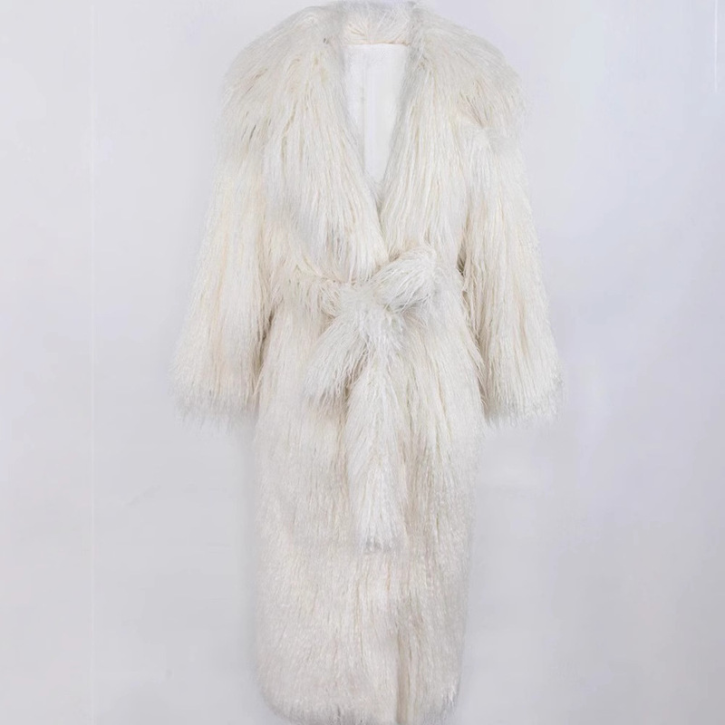 Women's Fur Coat Beach Wool Coat Long Lace-Up Suit Collar Casual Warm Eco-Friendly Fur Coat plus size