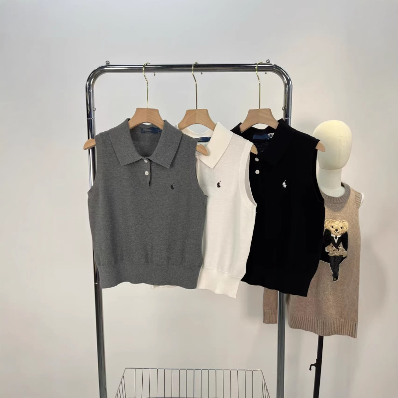 R~L Polo Collar Vest Knitted Sweater Women's Sleeveless American Style Knitwear Short Embroidered Vest