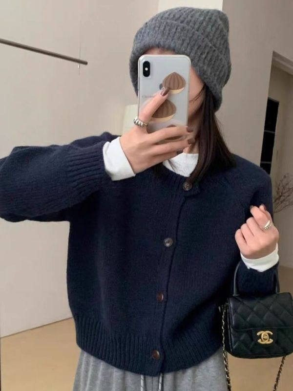 韩系温柔软糯圆领100羊毛开衫女装秋冬新款宽松慵懒羊绒衣外套|undefined