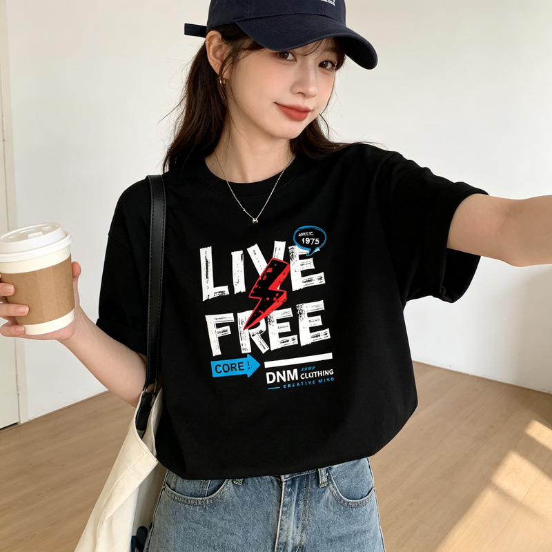 Women's Round Neck Short-Sleeved T-Shirt Summer High Street Fashion Brand Loose Fit Slimming Casual Life Print Physical Goods Source Q475 Women's Round Neck Short-Sleeved T-Shirt Summer High Street Fashion Brand Loose Fit Slimming Casual Life Print Physical Goods Source Q475