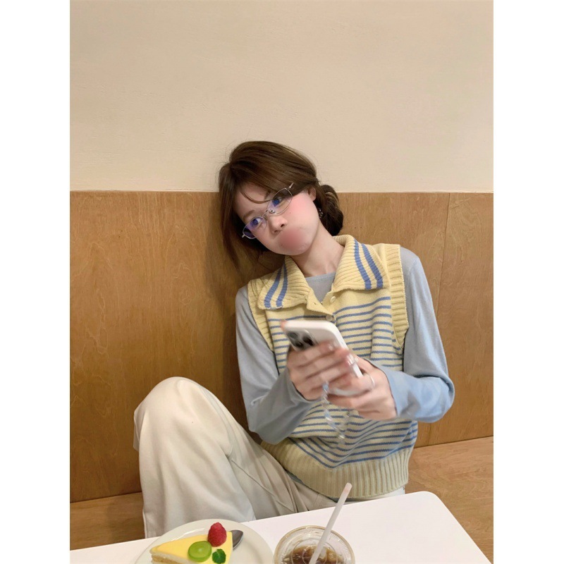 韩女氛围条纹冰淇淋无袖背心软糯温柔风简约2025翻领拼色条纹马甲|undefined