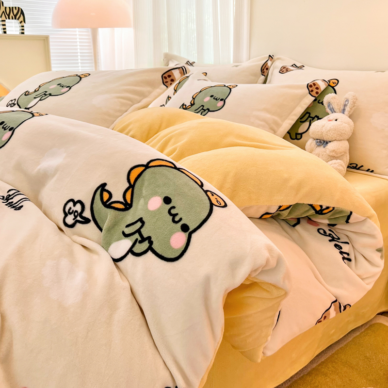 Quilt Cover Milk Velvet Winter 150X200Cm Fleece-Lined Cartoon Four-Piece Set Kidsren's Coral Velvet Student Dormitory Quilt Cover