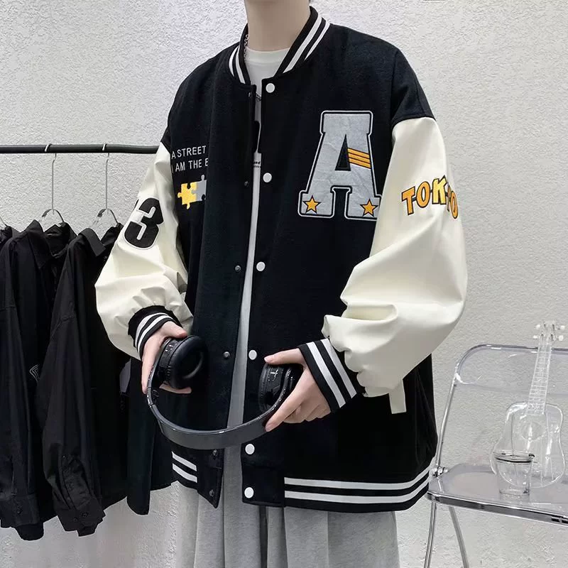 Autumn baseball jacket for elementary students, American style, loose fit, embroidered patch