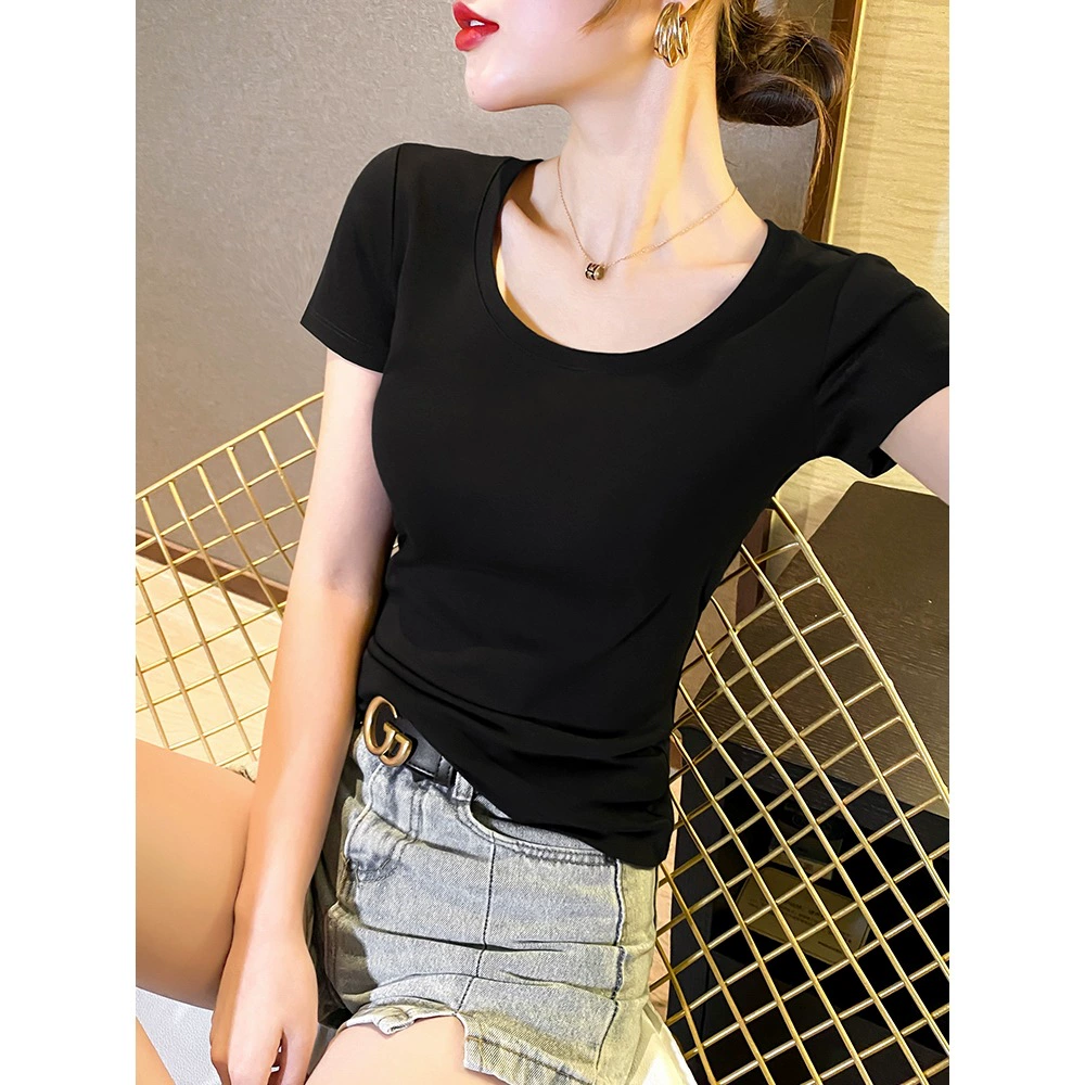 Черная модальная футболка женская с короткими рукавами, летняя облегающая футболка на правое плечо из ледяного шелка с круглым вырезом и топом с половиной рукавов в западном стиле
