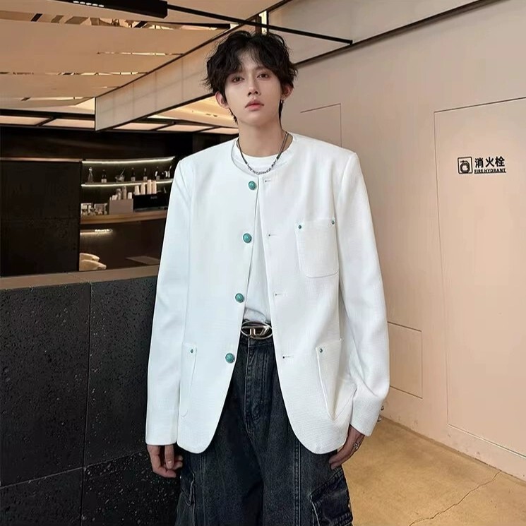 Designer Turquoise Button Chanel-Style Jacket Autumn Coat Men's Stylish High-End Minimalist Top Foreign Trade Designer Turquoise Button Chanel-Style Jacket Autumn Coat Men's Stylish High-End Minimalist Top Foreign Trade