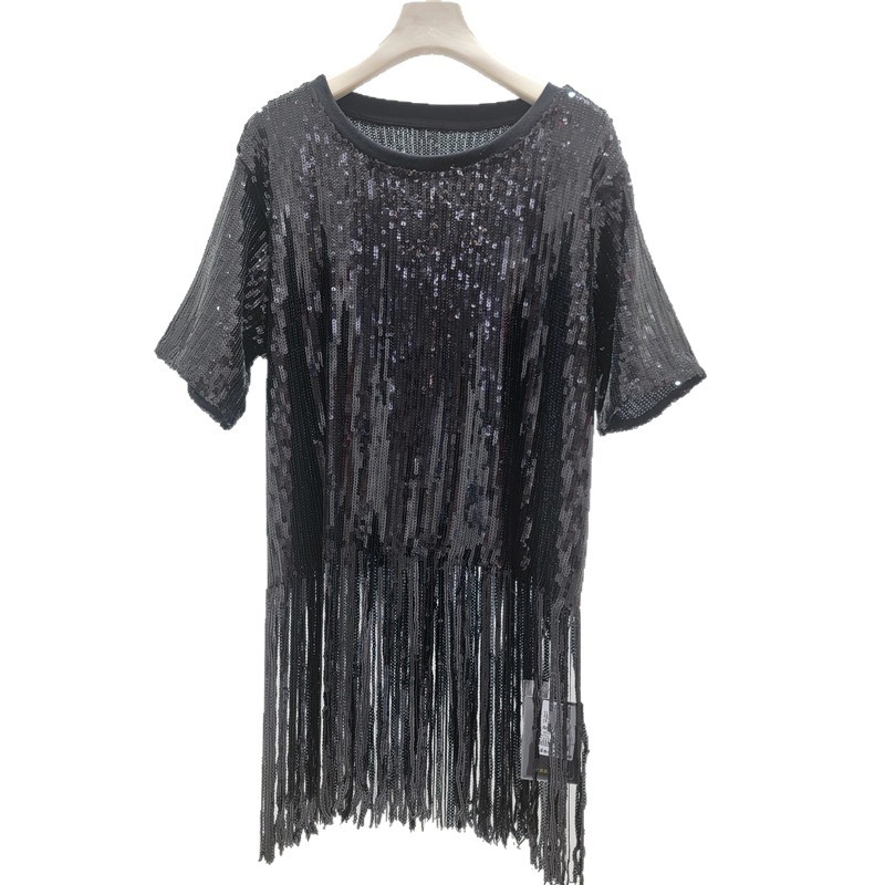 Sequinilla negra camiseta de cuello redondo de manga corta para mujeres verano 2026 nuevo estilo extranjero sexy versátil chaqueta de estilo callejero frita de moda image 5