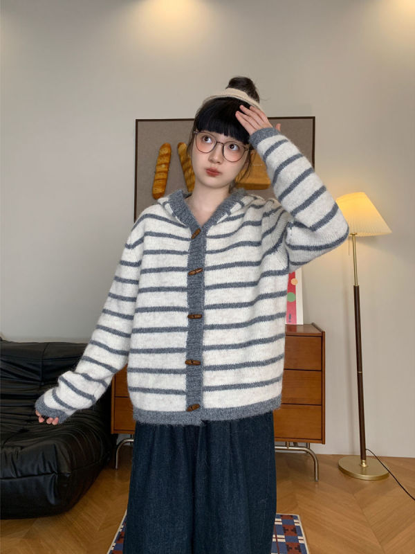 韩式条纹连帽橄榄扣毛衣开衫女秋冬慵懒风宽松撞色针织衫上衣外套|undefined