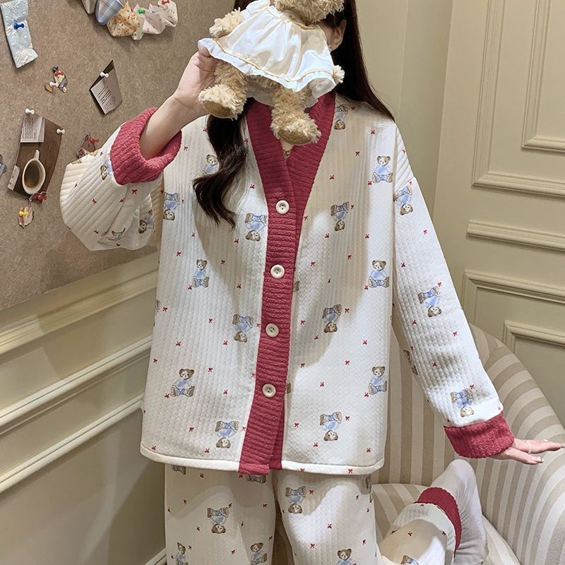 Al por mayor transfronterizo otoño y invierno nuevo pijama de mujer engrosado cardigán intercalado de aire V-cuello manga larga dulce conjunto de ropa para el hogar