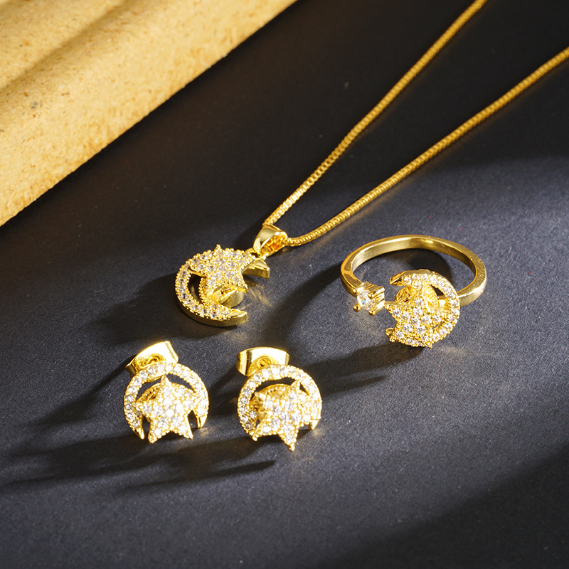 ins nuevos productos de arena de oro vietnamita media luna de estrellas con diamantes ligeros de lujo collar simple pendientes anillo conjunto de joyas Yiwu