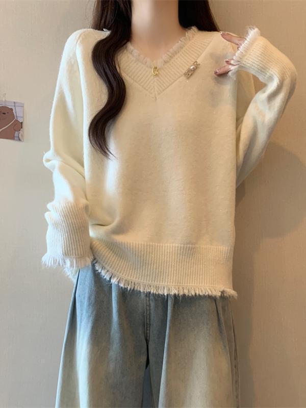 复系慵懒风韩系设计感毛衣女新款2025秋冬宽松外穿破洞针织衫|undefined