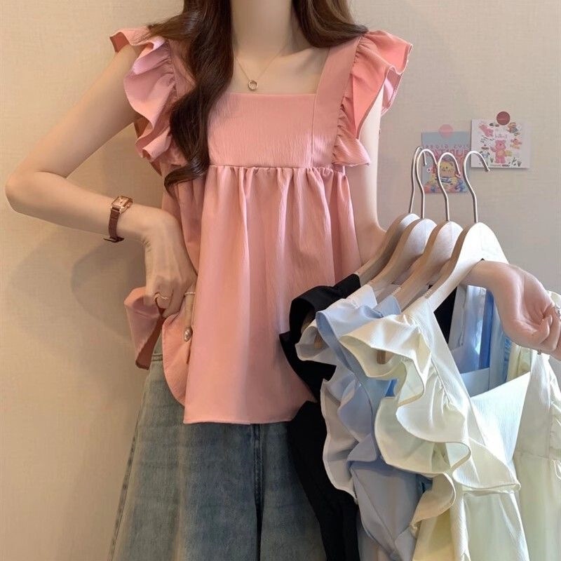 Sweet Backless Sleeveless Bow Doll French Top Summer Square Collar New Small Fly Sleeve Design Shirt Shipment Sweet Backless Sleeveless Bow Doll French Top Summer Square Collar New Small Fly Sleeve Design Shirt Shipment