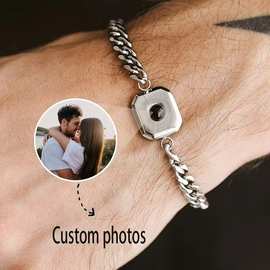 100种语言投影不锈钢古巴链手链内带照片支持自定义定 制图片礼物