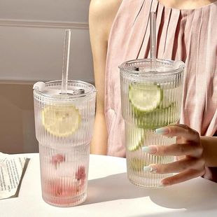 Cross-Border Hot Selling Large-Capacity Bamboo Cup Vertical Striped Glass Cup High-Value Cold Drink Juice Stacking Cup Coffee Cup