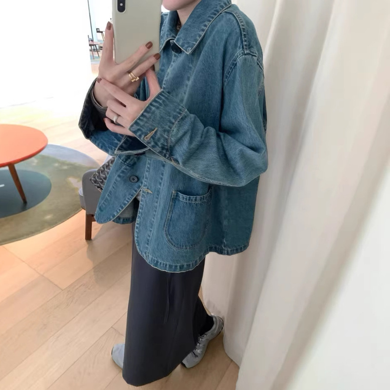 New 2026 Autumn Korean Style Vintage Blue Denim Jacket for Women with a Relaxed Vibe