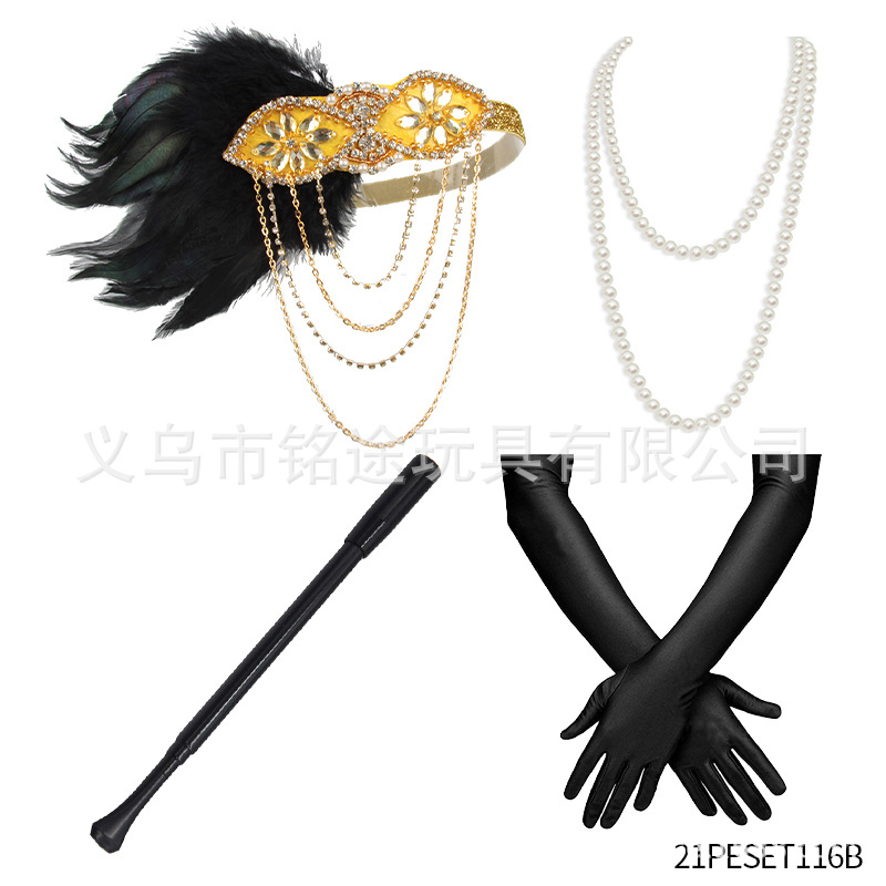 Vintage 1920s FLAPPER niña ropa diadema lana raya guantes de plástico falso tabaco varilla Gatsby traje