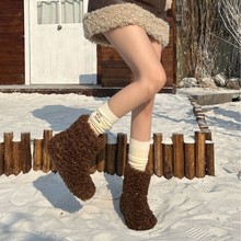 平底秋冬季加绒雪地靴女鞋2024新款羊卷毛毛鞋保暖雪地棉鞋短靴子