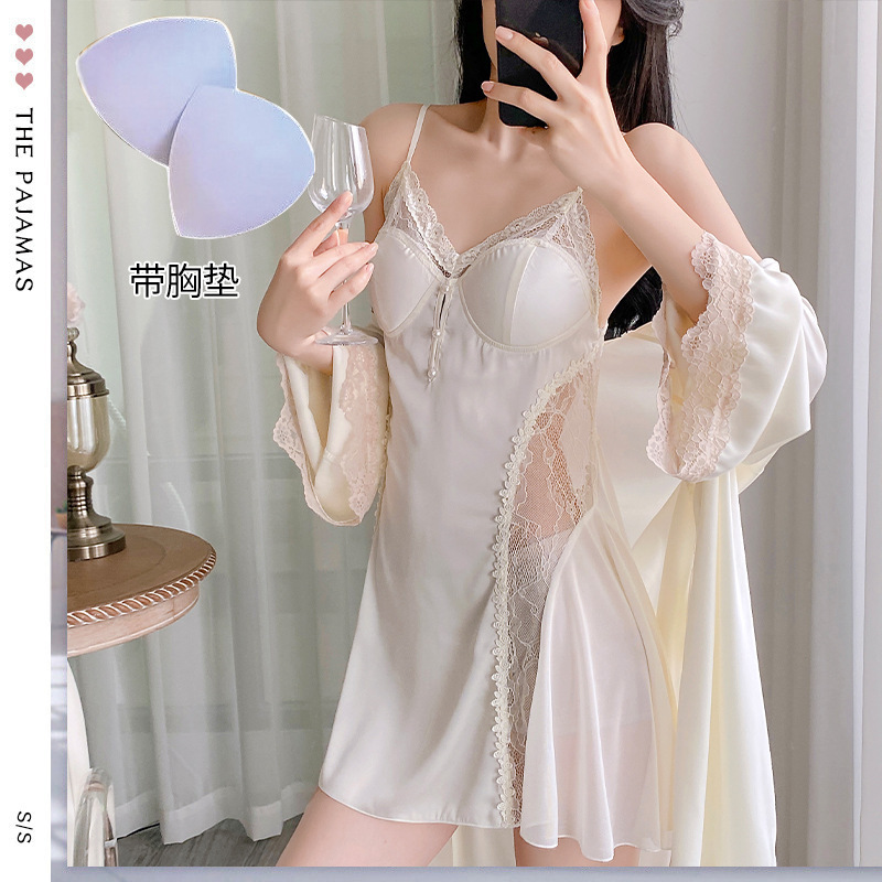 Purely Sexy and Cute Nightgown Set, Ice Silk Camisole Nightgown and Robe Two-Piece Set, Soft Loungewear for Women