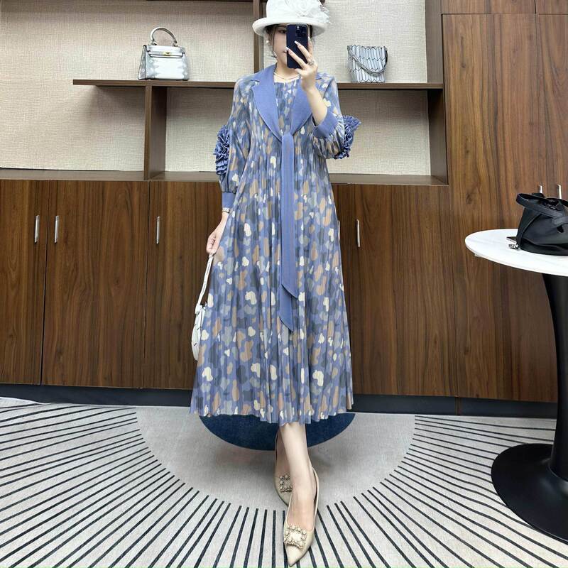 New printed plus size slimming loose lace-up collar women's clothing fashionable all-match mid-length cow sleeve nail dress