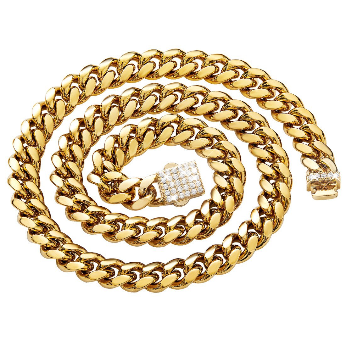 Spot One Piece Dropshipping Men's Gold Cuban Necklace White Zircon Micro Inlaid Lock Encryption Chain 6mm 14mm_voghion.com