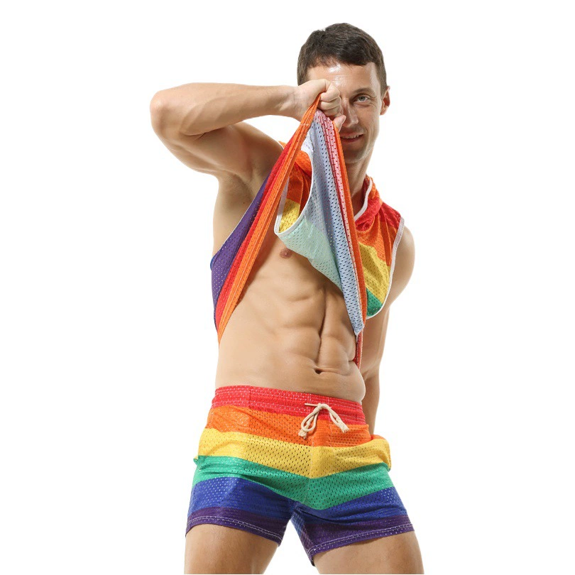 Мужской жилет с капюшоном Rainbow с V-образным вырезом, полый дышащий тонкий сексуальный Свободный I-Shirt без рукавов без брюк