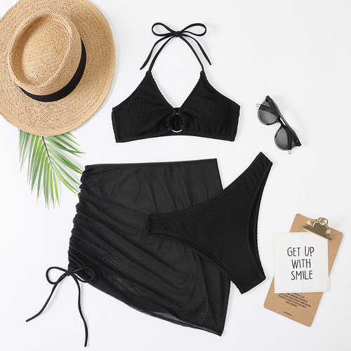 New cross-border European and American style spring and summer new women's swimwear slim solid color sexy fashion halter neck three-piece set