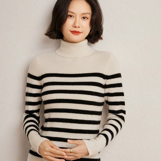 山羊绒女士高翻领秋冬新款条纹打底衫韩系风修身显瘦短款套头毛衣
